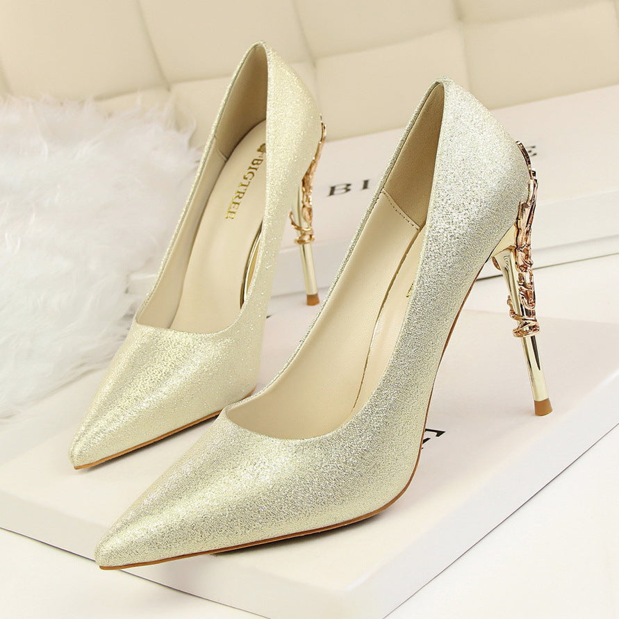 Korean fashion sexy metal with women's shoes stiletto high-heeled shallow mouth pointed satin slim single shoes wedding shoes