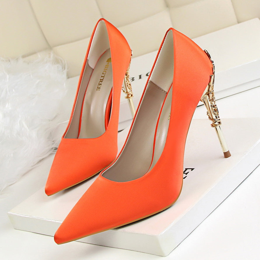 Korean fashion sexy metal with women's shoes stiletto high-heeled shallow mouth pointed satin slim single shoes wedding shoes