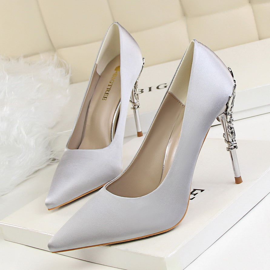 Korean fashion sexy metal with women's shoes stiletto high-heeled shallow mouth pointed satin slim single shoes wedding shoes