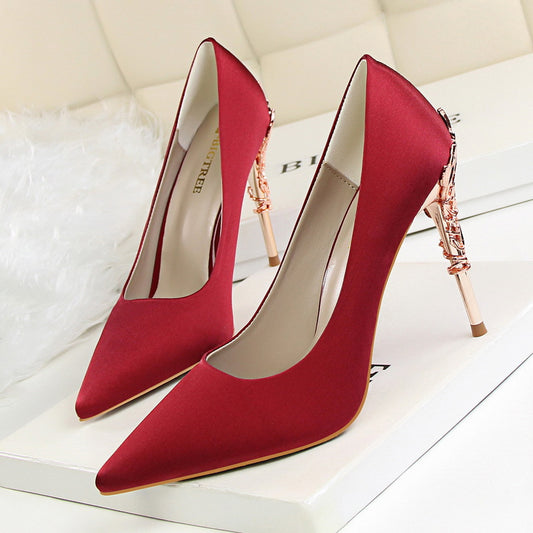 Korean fashion sexy metal with women's shoes stiletto high-heeled shallow mouth pointed satin slim single shoes wedding shoes