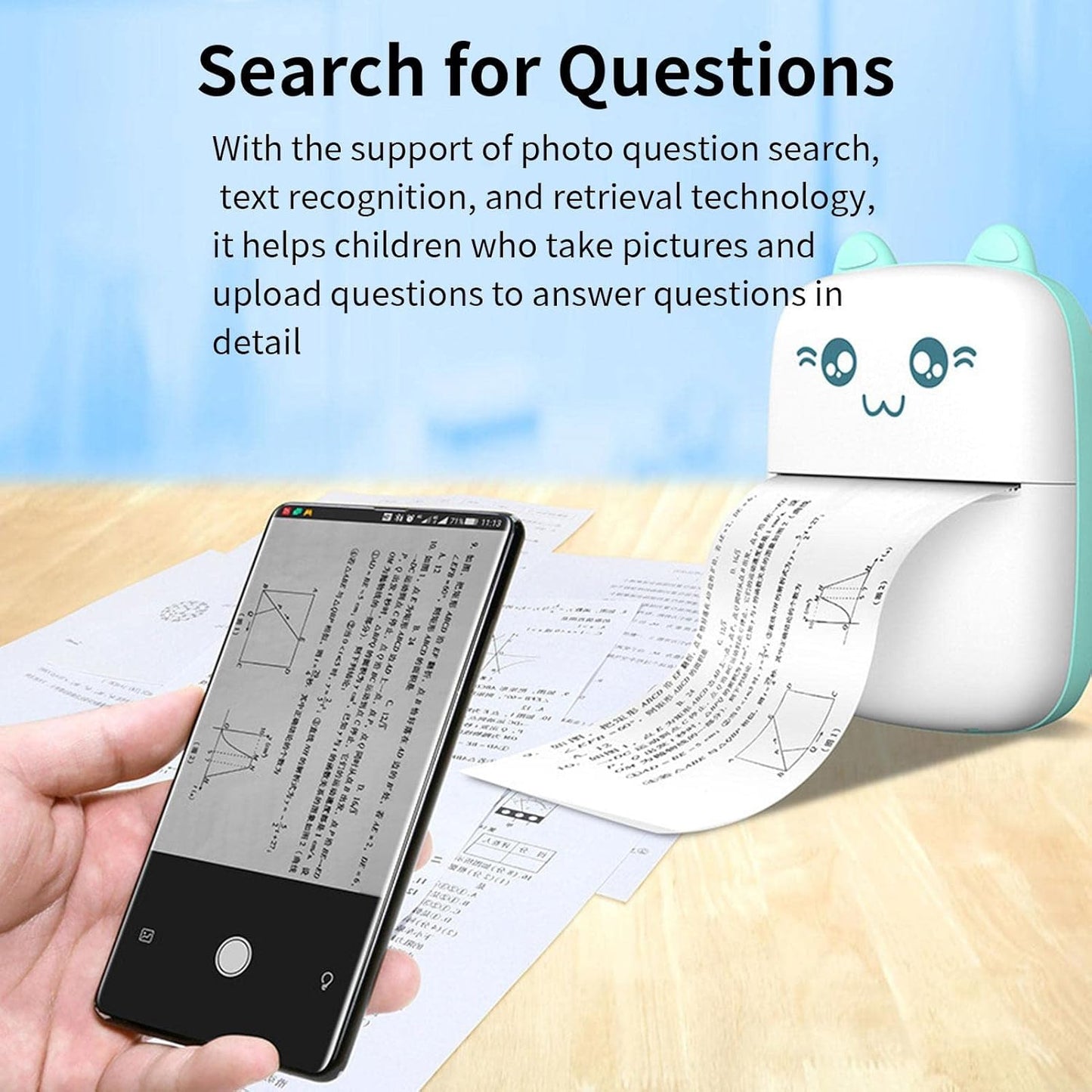 Smart Inkless Mini Printer with a screen displaying text, next to a smartphone and paper on a wooden surface.