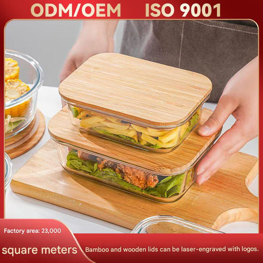 Bamboo and Wood Lid Glass Lunch Box, Can Be Put Into Microwave Oven and Refrigerator, Sealed Fresh-Keeping Box, Glass Bowl Bamboo Lid Lunch Box