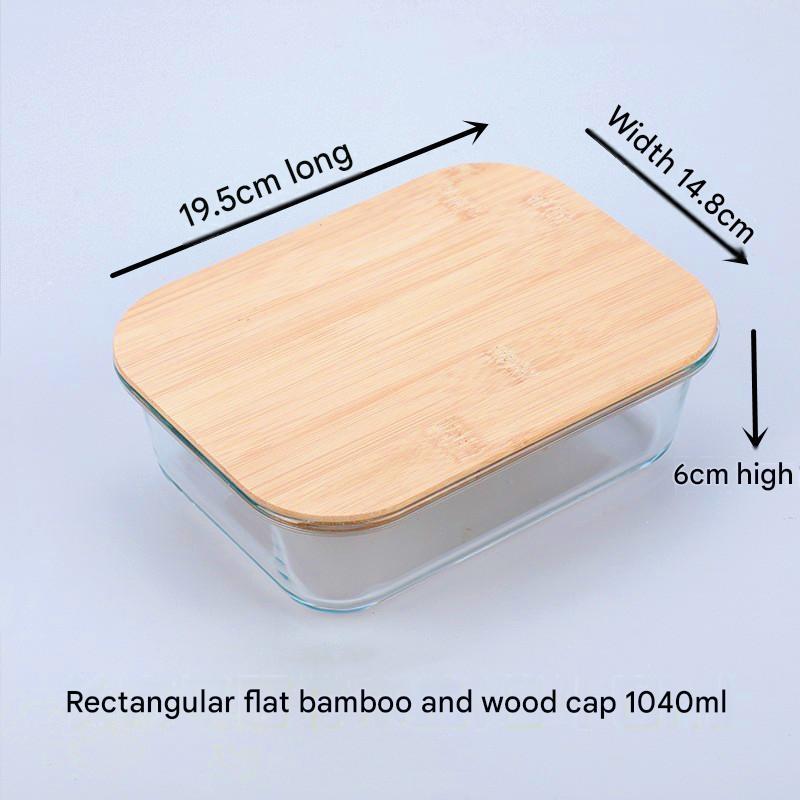 Bamboo and Wood Lid Glass Lunch Box, Can Be Put Into Microwave Oven and Refrigerator, Sealed Fresh-Keeping Box, Glass Bowl Bamboo Lid Lunch Box