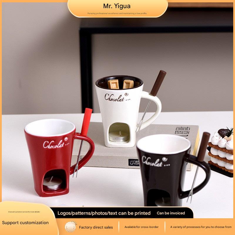 Ceramic Chocolate Cup, Hot Pot Steamer Swiss Ice Cream Hot Pot Cup, Cheese Hot Pot Cup with Fork