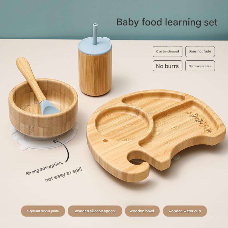 Cute Cartoon Children's Divided Dining Tray, Baby Eating Suction Cup Anti-Fall Bamboo Wooden Dining Tray, Baby Food Tableware