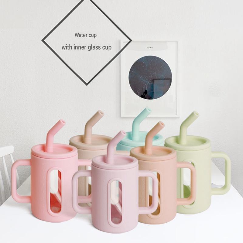 Cross-border Children's Drop-proof Double-layer Silicone Glass Children's Sippy Cup, Baby Food Supplement Water Cup, Silicone Straw Snack Cup