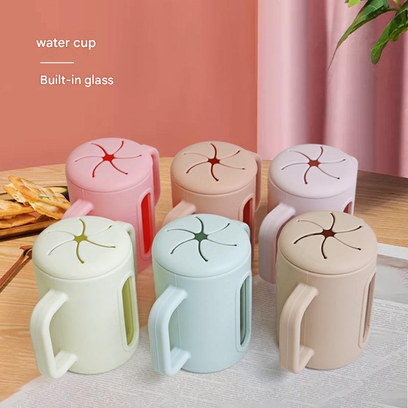 Cross-border Children's Drop-proof Double-layer Silicone Glass Children's Sippy Cup, Baby Food Supplement Water Cup, Silicone Straw Snack Cup
