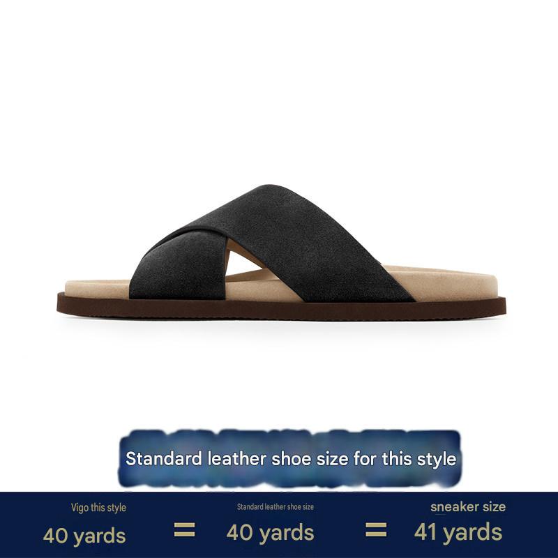 Genuine Leather Slippers for Men, 2026 Summer, Casual Cross-Style Sandals, Stylish, Breathable, Thick-Soled, Beach Slippers