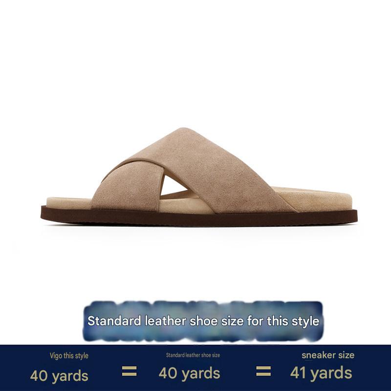 Genuine Leather Slippers for Men, 2026 Summer, Casual Cross-Style Sandals, Stylish, Breathable, Thick-Soled, Beach Slippers