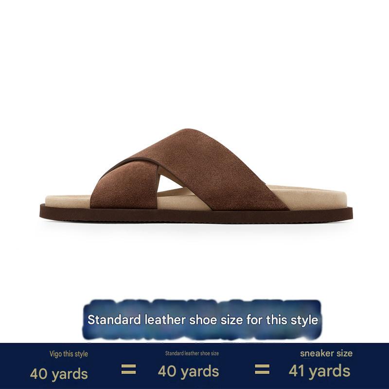 Genuine Leather Slippers for Men, 2026 Summer, Casual Cross-Style Sandals, Stylish, Breathable, Thick-Soled, Beach Slippers