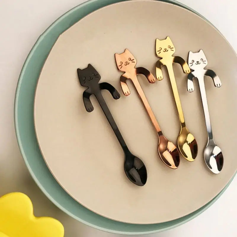 1Pcs Stainless Steel Coffee Tea Spoon, Mini Cat Long Handle Teaspoons, Drinking Tools Kitchen Gadget Flatware Tableware