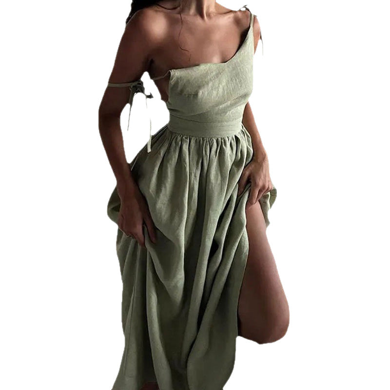 2026 European and American Women's Backless Elegant Mori Style Sexy V-Neck High Waist Fashion Suspender Dress