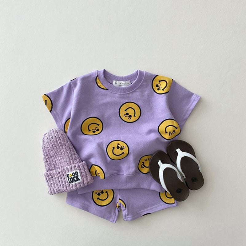 Korean version of ins children's clothing boys and girls baby short-sleeved tops and shorts two-piece children's smiley casual cotton suit