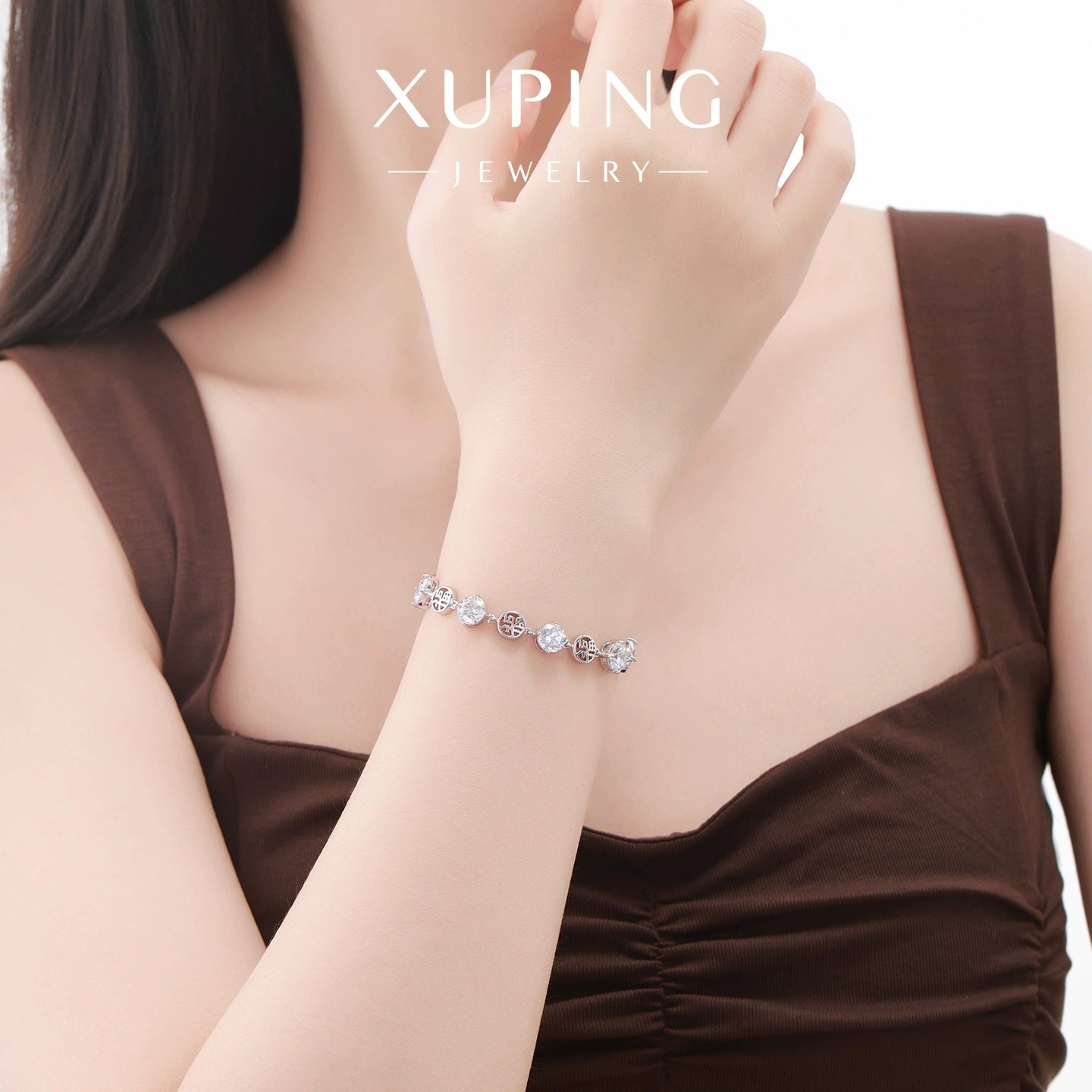 Xuping Gemstone Series Fashionable and Light Luxury "Fu" Character Patchwork Bracelet with Geometric Round Zircon Buckle, Elegant Jewelry