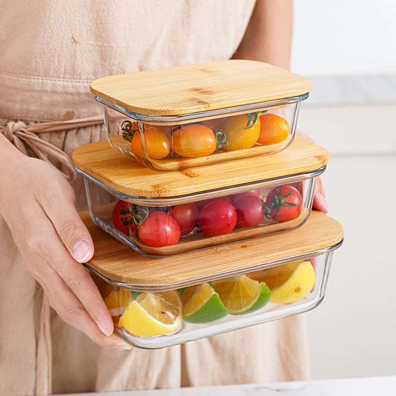 Bamboo and Wood Lid Glass Lunch Box, Can Be Put Into Microwave Oven and Refrigerator, Sealed Fresh-Keeping Box, Glass Bowl Bamboo Lid Lunch Box
