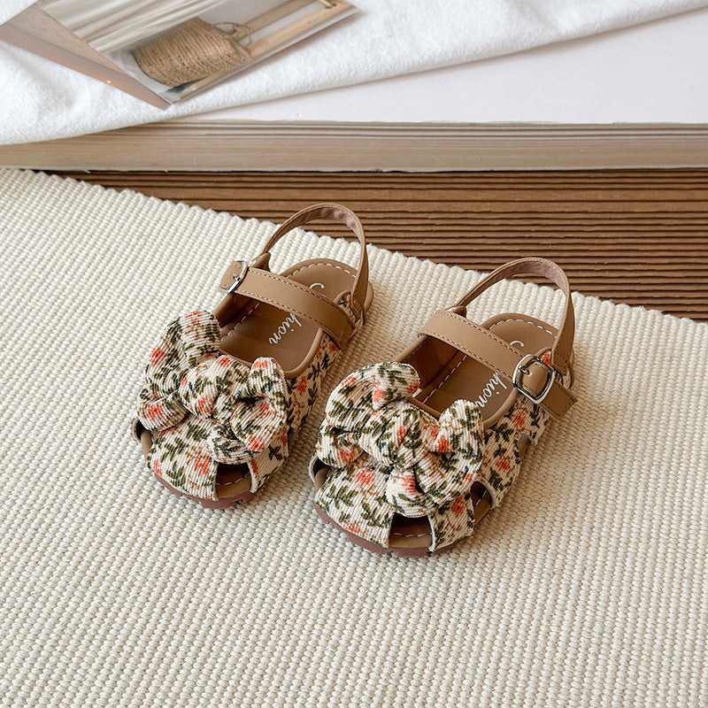 New Korean style cross-border girls' baby shoes, leopard print, bow, soft sole, 2026 summer versatile closed-toe sandals