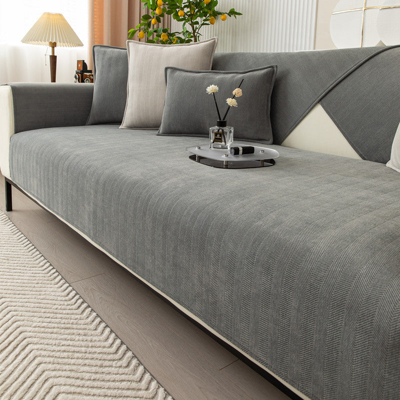 Universal Sofa Cushion for All Seasons, Simple Solid Color Fabric Sofa Cushion Cover, Chenille Herringbone Pattern Anti-slip Sofa Towel