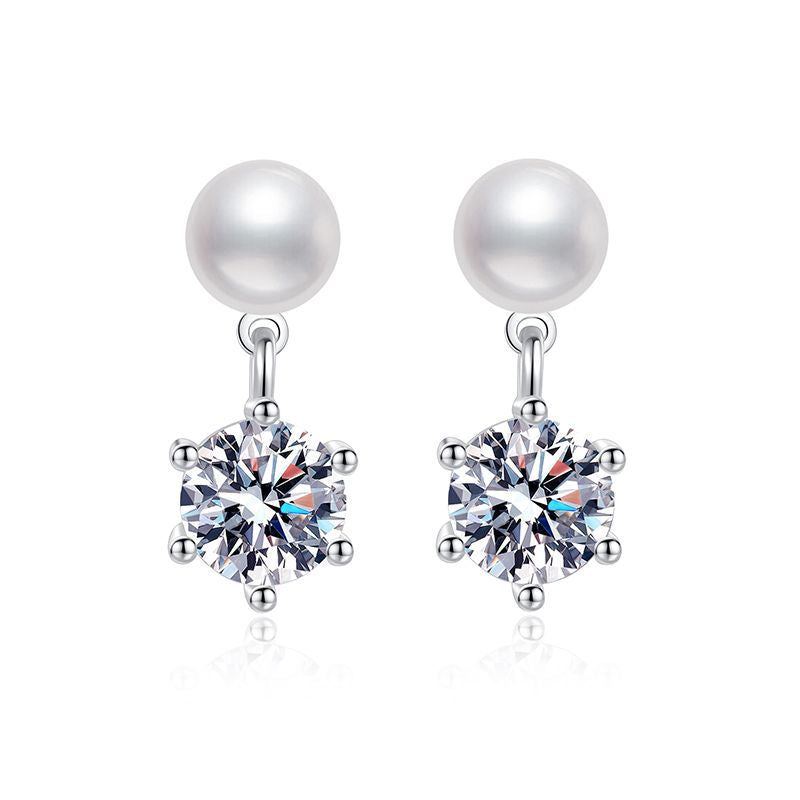 S925 sterling silver stud earrings, genuine natural freshwater pearl, classic six-prong earrings, 1-carat moissanite stud earrings