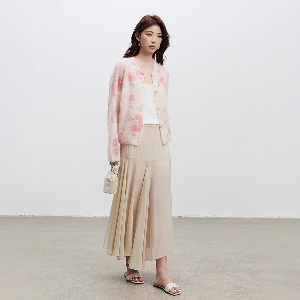 Rose Print Mohair Sweater Women's Long-Sleeved Knit Cardigan 2026 Spring New Style Soft and Loose Wool Coat