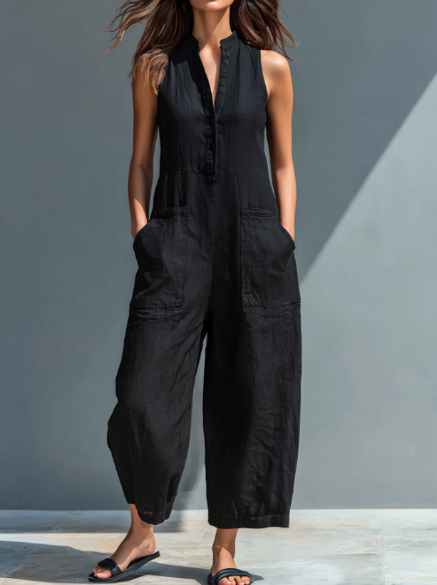 2026 Casual Women's Sleeveless Stand Collar Pocket Jumpsuit