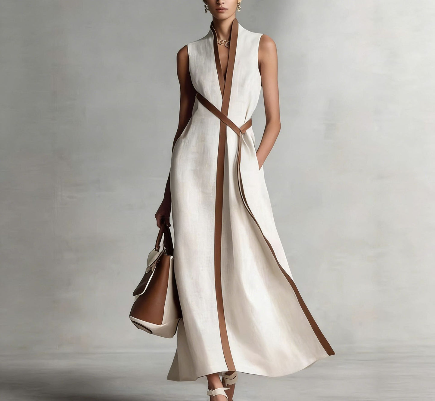 2026 Summer New Arrival Stand Collar Sleeveless Casual Color Block Loose Dress