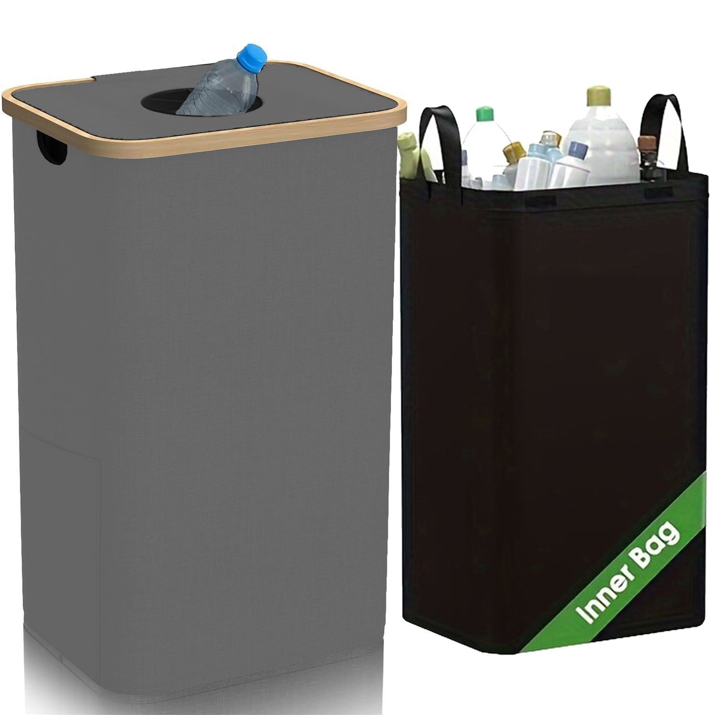 Bamboo Storage Basket with Lid Removable Recycling Bottle Storage Basket Trash Can Kitchen Home Folding Recycling Bin