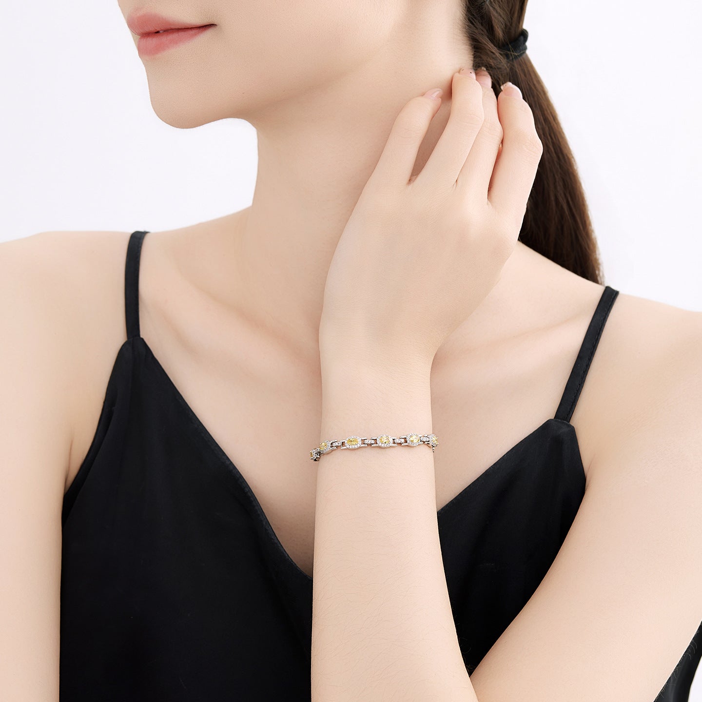 Xuping Gemstone Series Geometric Cabochon Yellow Patchwork Bracelet, Copper Alloy Plated White, Light Luxury Jewelry Wholesale