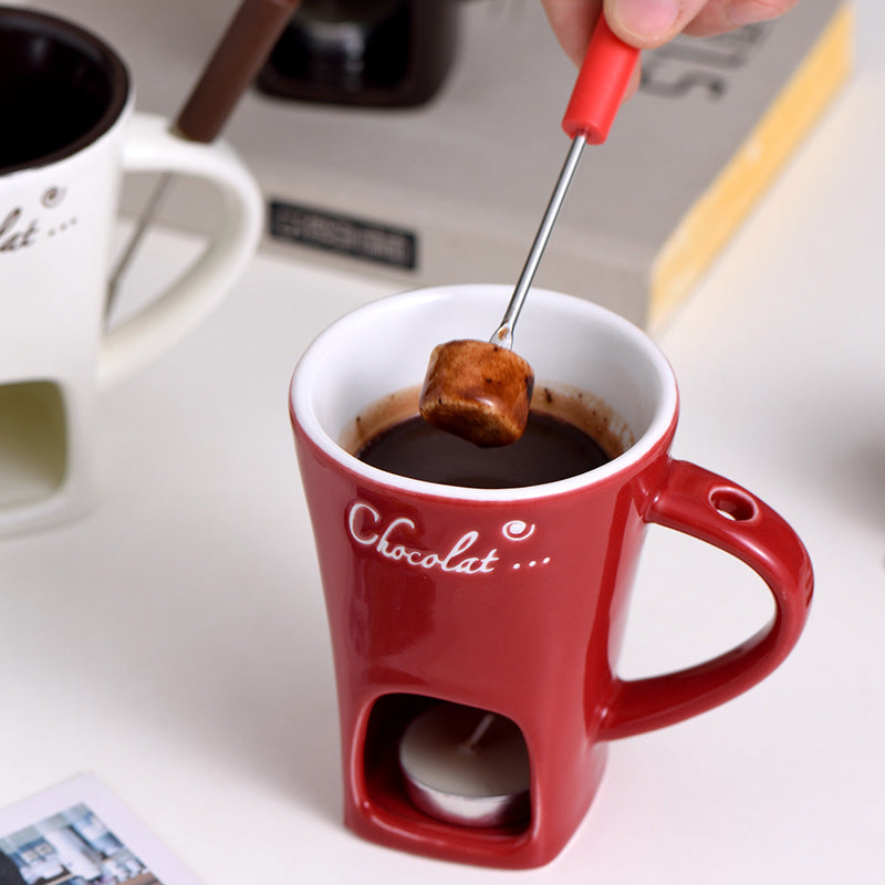 Ceramic Chocolate Cup, Hot Pot Steamer Swiss Ice Cream Hot Pot Cup, Cheese Hot Pot Cup with Fork