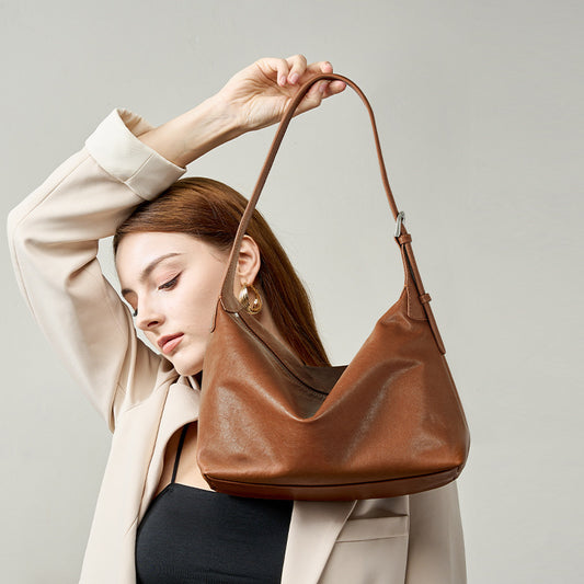 Retro-style Top-grain Vegetable-tanned Cowhide Casual Shoulder Bag/Underarm Bag, Commuting Large Capacity Classic Genuine Leather Crossbody Hobo Bag