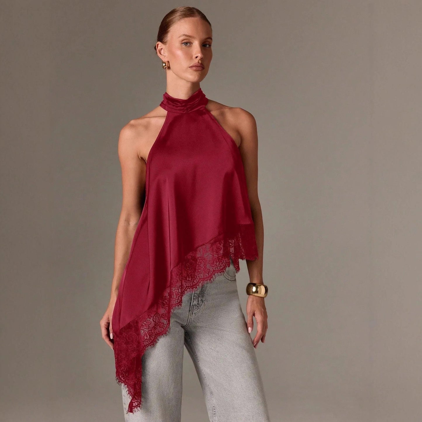 New Cross-Border Women's Sleeveless Lace Trim Asymmetrical Halter Neck Satin Vest in 15 Colors