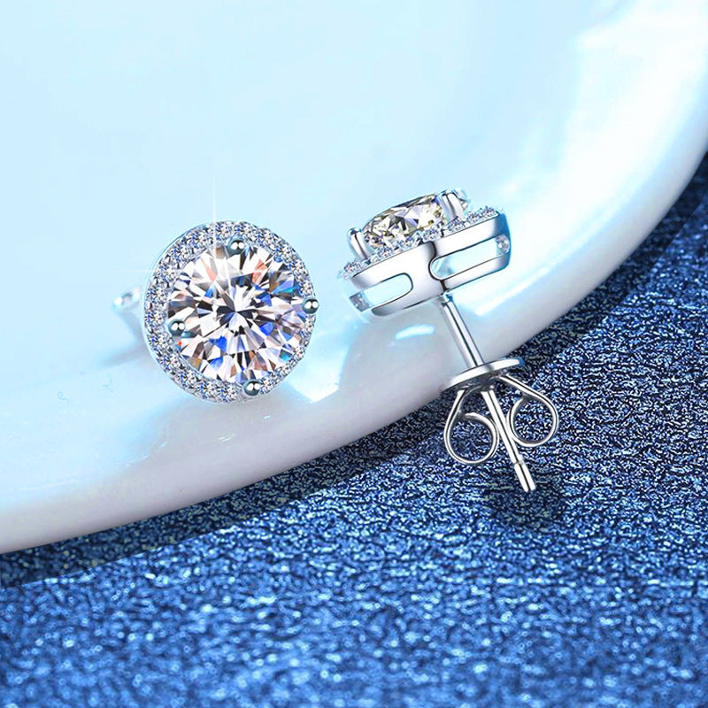 s925 silver cross-border exclusive earrings classic men's and women's four-claw round earrings one carat moissanite earrings for women