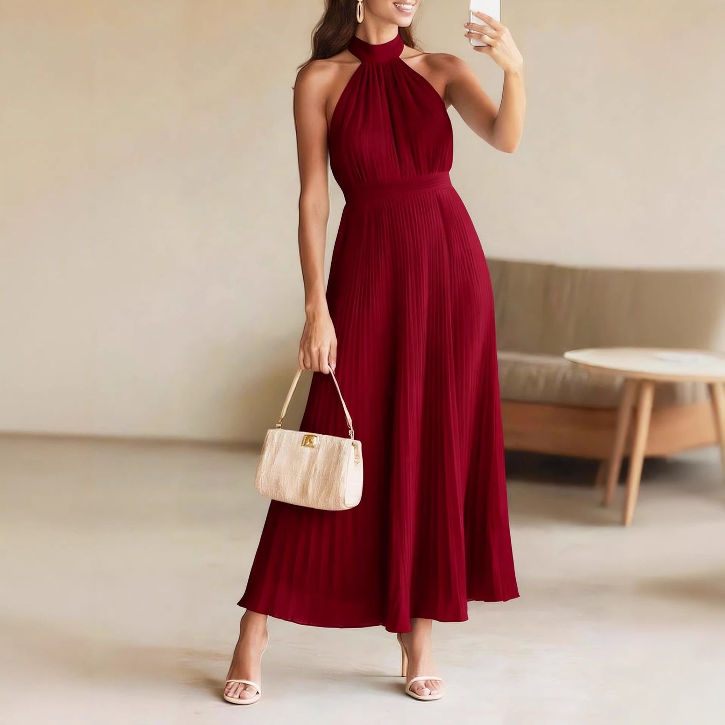 2026 Spring/Summer New Arrival Foreign Trade Beach Vacation Dress Sexy European and American Style Pleated Dress