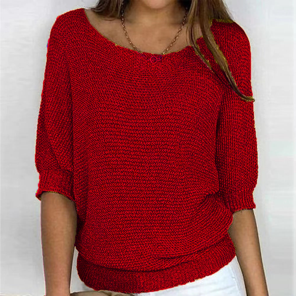 2026 New Russian Solid Color Crew Neck Knitted Top Women's Three-Quarter Sleeve Top Air Conditioning Shirt In Stock