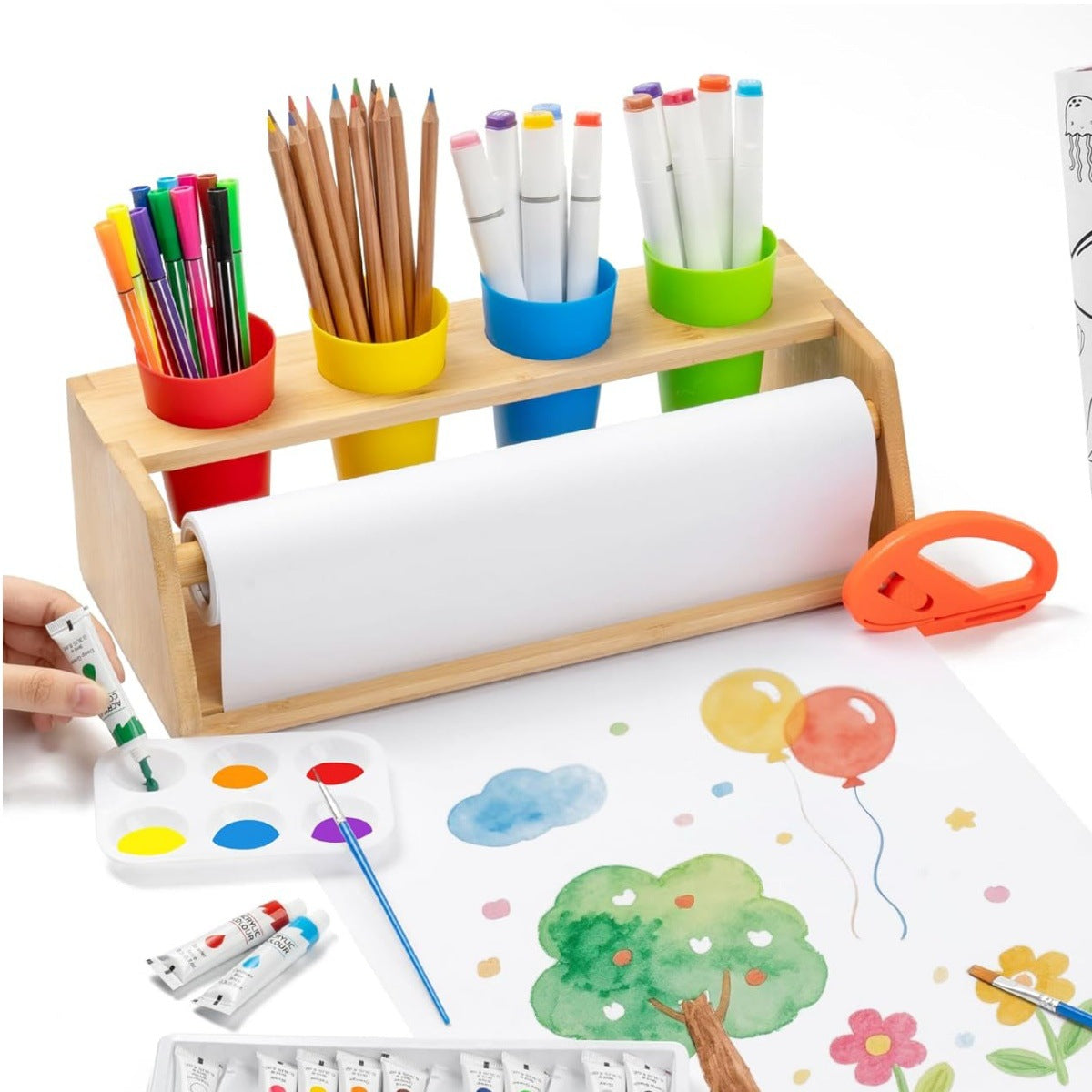 Children's Paper Roll Easel, Desktop Bamboo Easel, Can Also Hold Pen Holders, Baby's Drawing and Painting Bamboo Paper Roll Holder