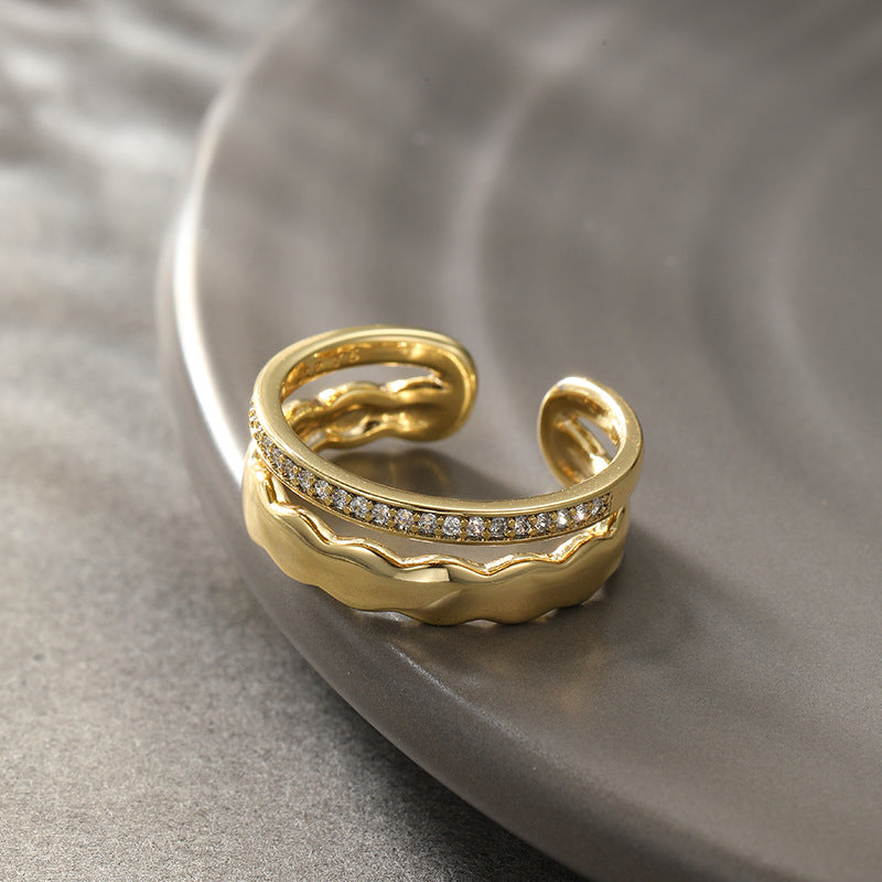 Xuping New Double-Layer Artificial Gemstone Alloy Plated 14k Color Ring, Stylish and Simple, Adjustable Opening for Women