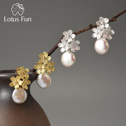 Forget-me-not Baroque S925 sterling silver earrings retro flower jewelry women