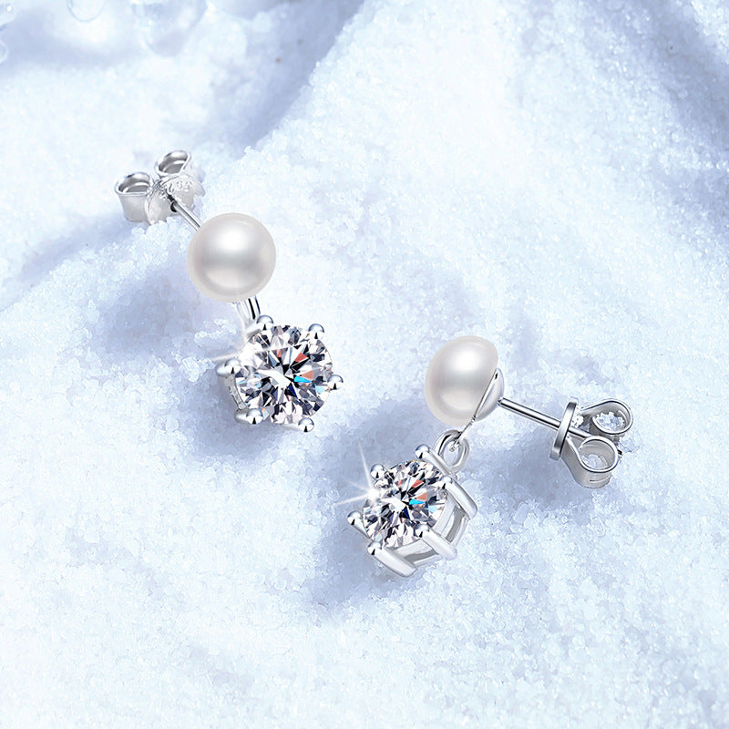 S925 sterling silver stud earrings, genuine natural freshwater pearl, classic six-prong earrings, 1-carat moissanite stud earrings