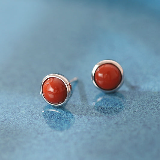 S925 sterling silver gold-plated inlaid south red agate earrings round simple egg surface simple fashion temperament ladies earrings