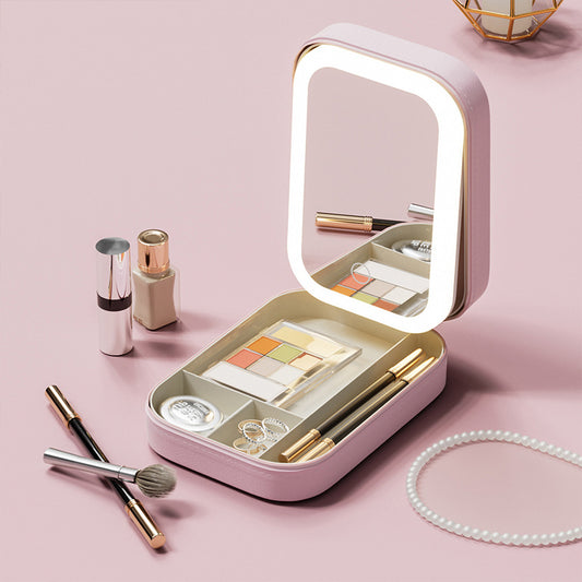 Cosmetic Storage Box with Light Mirror Integrated Dressing Table Desktop Skin Care Products Storage Box, Dustproof Portable box