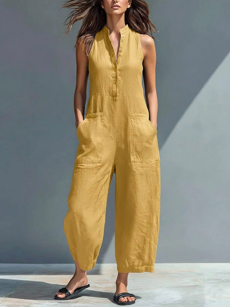 2026 Casual Women's Sleeveless Stand Collar Pocket Jumpsuit