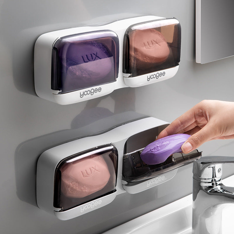 Soap Box Drain Toilet No Punching Shelf Wall-mounted Soap Box with Cover Dustproof Creative Flip Soap Box