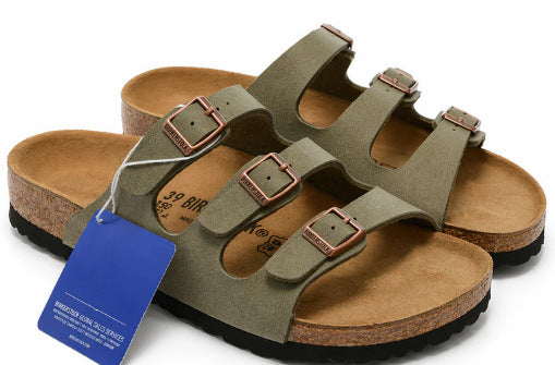 2026 New Genuine Leather Retro Style Birkenstock Shoes Women's Open-Toe Slingback Sandals with Three Rows of Square Buckles and Thick Sole Casual Sandals