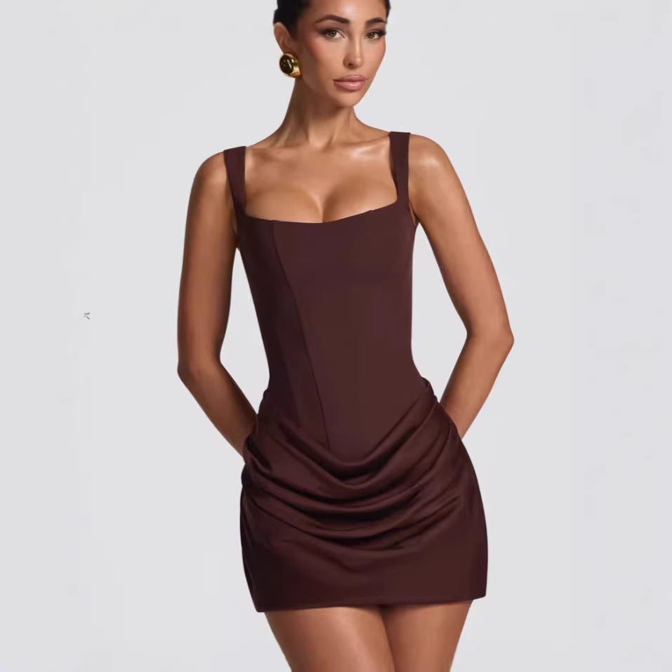 2026 New Arrival: French-Style Sexy Square Neck Sleeveless Bodycon Short Dress with Tie-Waist