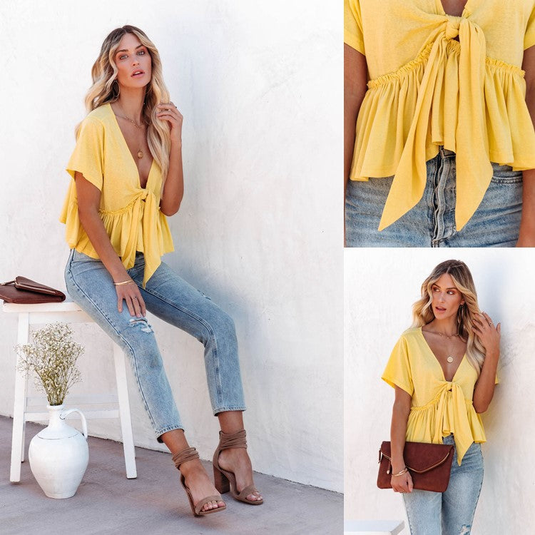 2026 Summer New Arrival European and American Cross-border Women's Clothing Solid Color Patchwork Loose Short-sleeved Tie-up Ruffle Top