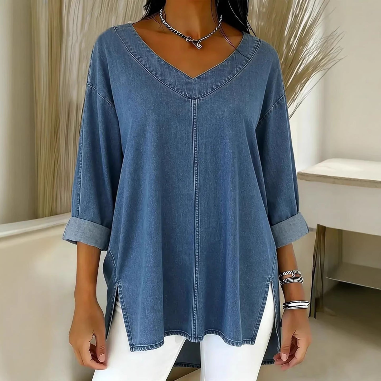 2026 Spring New Arrival European and American Cross-Border Women's Street Fashion Denim V-Neck Top