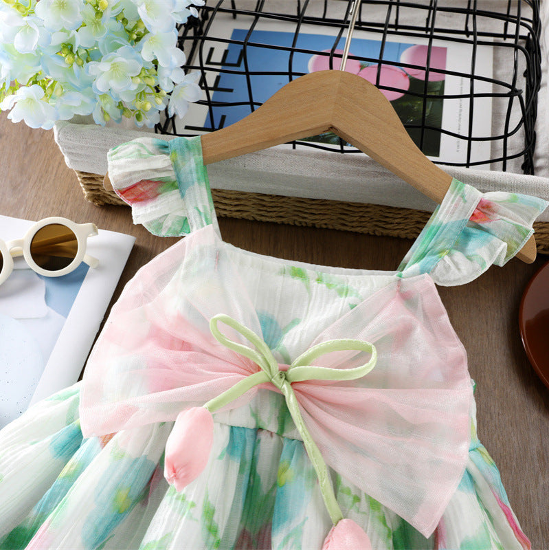 2026 Summer New Children's Dress with Tulip Print and Bow Tie, Stylish Princess Dress, Wholesale for Export