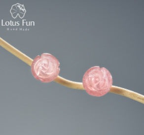 Three-dimensional rose natural crystal S925 women's earrings minimalist creative handmade amazonite earrings