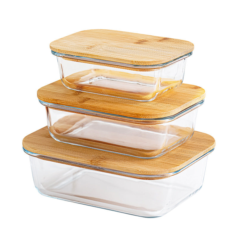 Bamboo and Wood Lid Glass Lunch Box, Can Be Put Into Microwave Oven and Refrigerator, Sealed Fresh-Keeping Box, Glass Bowl Bamboo Lid Lunch Box