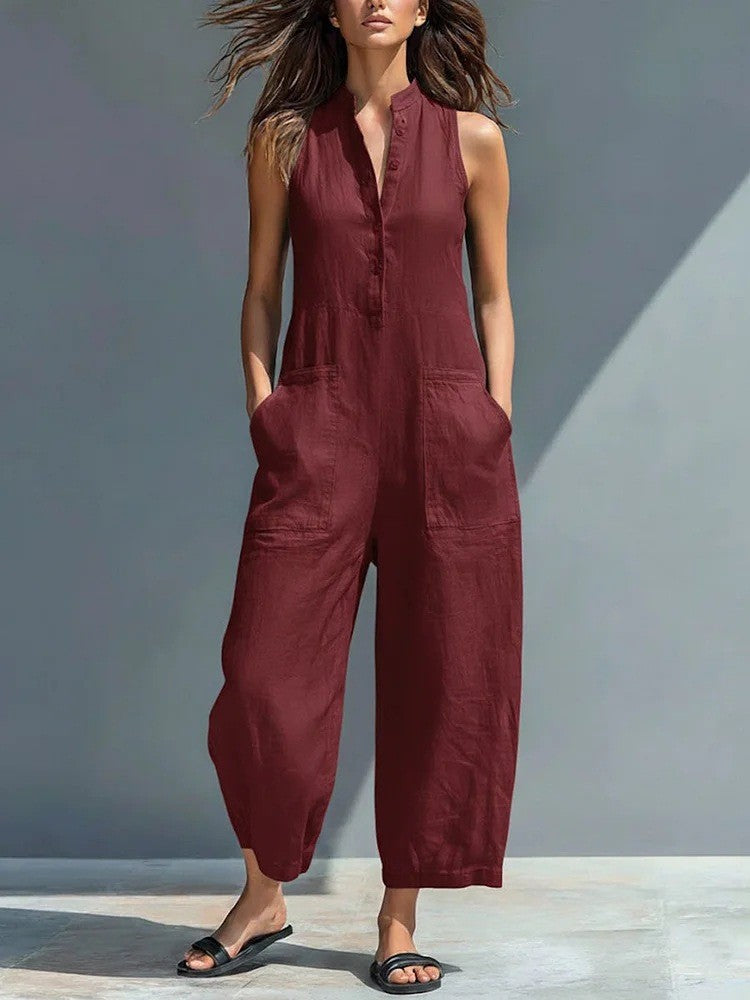 2026 Casual Women's Sleeveless Stand Collar Pocket Jumpsuit