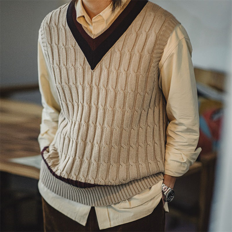 Madden Workwear American Retro IVY Knitted V-neck Sweater Vest, Preppy Style, Color-blocked Cable Knit Sleeveless Vest for Men, Spring